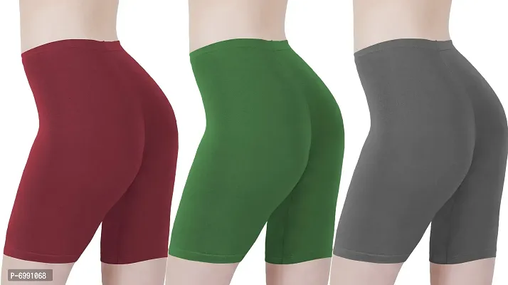 Buy That Trendz Cotton Lycra Tight Fit Stretchable Cycling Shorts Womens | Shorties for Active wear/Exercise/Workout/Yoga/Gym/Cycle/Running Maroon Jade Green Charcoal Combo Pack of 3-thumb3