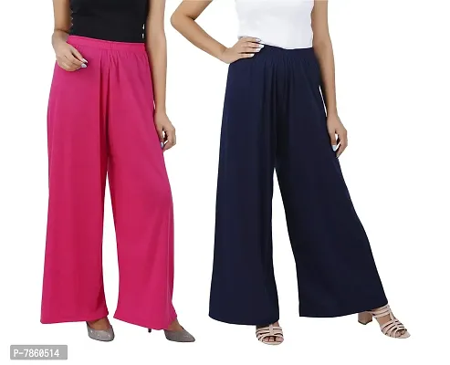 Buy That trendz Womens M to 6XL Cotton Viscose Loose Fit Flared Wide Leg Palazzo Pants for Rani Pink Navy 2 Pack Combo Large