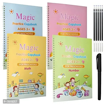 Sank Magic Practice Copybook, (4 BOOKS + 10 REFILL) Number Tracing Book for Preschoolers with Pen, Magic Calligraphy Copybook Set Practical Reusable Writing Tool Simple Hand Lettering (MATHS+DRAWING+A