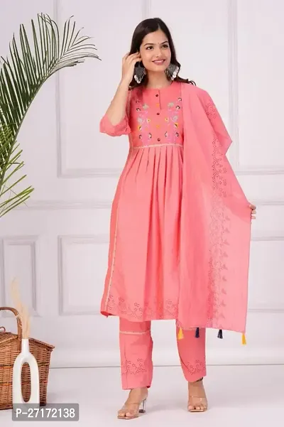 Designer Pink Cotton Kurta With Bottom Wear And Dupatta Set For Women