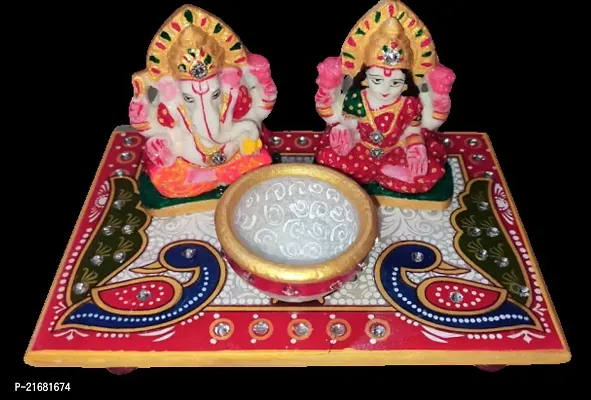 Designer Marble Chowki (Size = 6x4 = 01 Nos), Laxmi Ganesh Statue (Size = 2.5x2.5 = 01 Pair) and Diya (2 = 01 Nos) with White Box Packing-thumb0