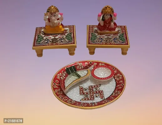 Designer Marble Chowki (Size = 4x4 = 02 Nos), Laxmi Ganesh Statue (Size = 2.5x2.5 = 01 Pair) And Pooja Thali (Size = 6 = 01 Nos) with White Box Packing