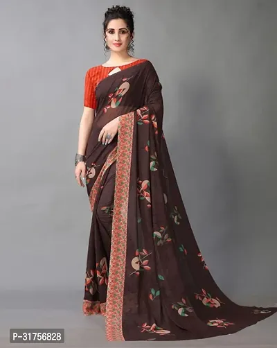 Stylish Brown Cotton Saree with Blouse piece For Women-thumb0