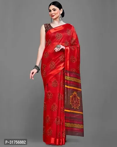 Stylish Red Cotton Saree with Blouse piece For Women-thumb0