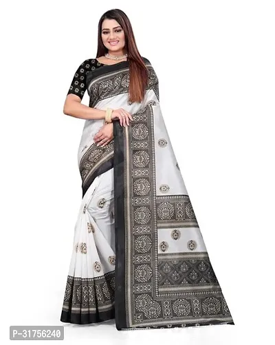 Stylish White Cotton Saree with Blouse piece For Women-thumb0