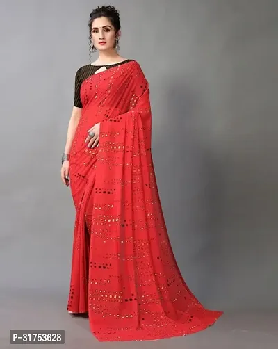 Stylish Red Cotton Saree with Blouse piece For Women-thumb0