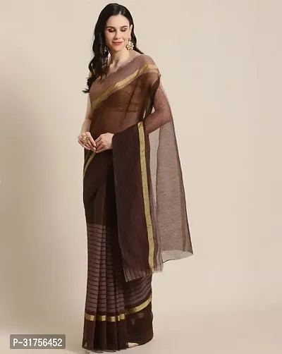 Stylish Brown Cotton Saree with Blouse piece For Women