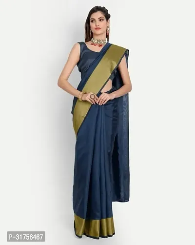 Stylish Blue Cotton Saree with Blouse piece For Women-thumb0