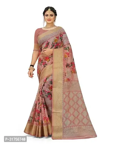 Stylish Brown Cotton Saree with Blouse piece For Women-thumb0