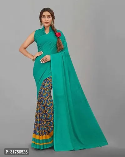 Stylish Green Cotton Saree with Blouse piece For Women-thumb0