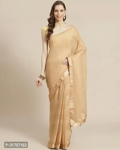 Stylish Beige Cotton Saree with Blouse piece For Women-thumb0