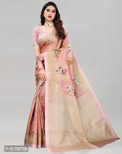 Stylish Pink Cotton Saree with Blouse piece For Women-thumb0