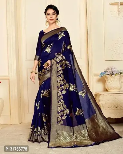 Stylish Blue Cotton Saree with Blouse piece For Women-thumb0