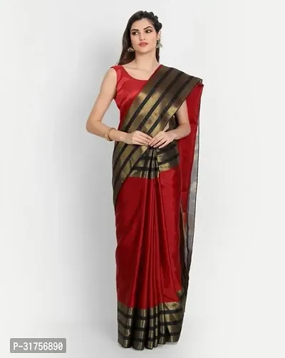 Stylish Red Cotton Saree with Blouse piece For Women-thumb0