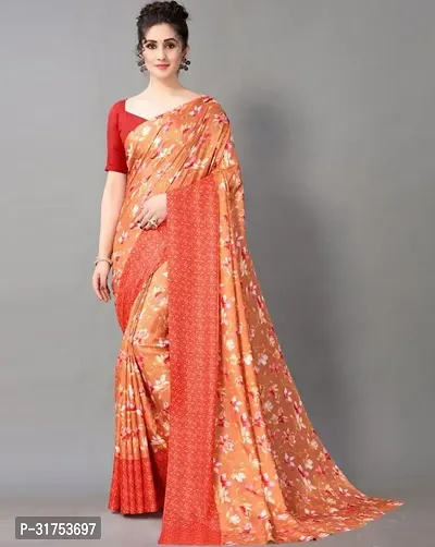 Stylish Orange Cotton Saree with Blouse piece For Women-thumb0