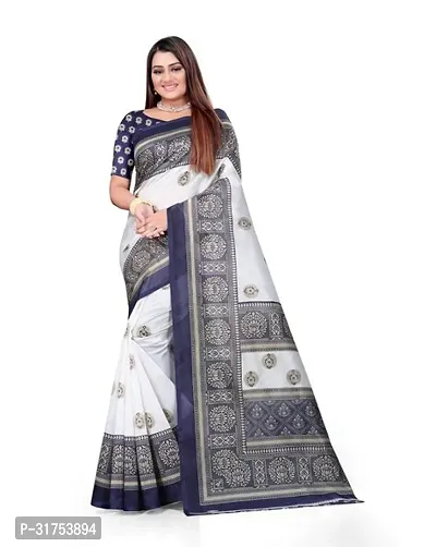 Stylish White Cotton Saree with Blouse piece For Women-thumb0