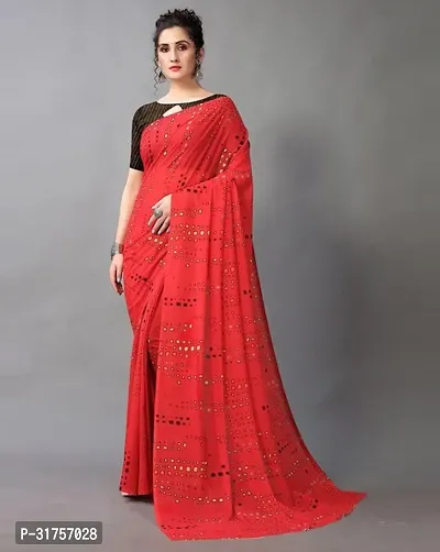 Stylish Red Cotton Saree with Blouse piece For Women-thumb0