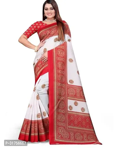 Stylish white Cotton Saree with Blouse piece For Women-thumb0