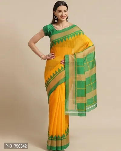 Stylish Yellow Cotton Saree with Blouse piece For Women