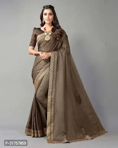 Stylish Brown Cotton Saree with Blouse piece For Women-thumb0