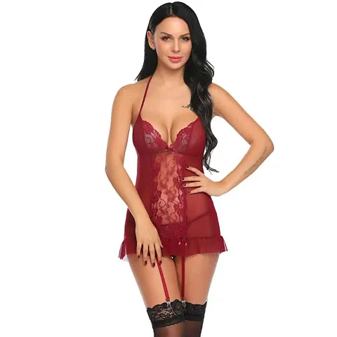 Vastans Women's Net Babydoll Nighty Lingerie Nightwear (Free Size, Maroon)