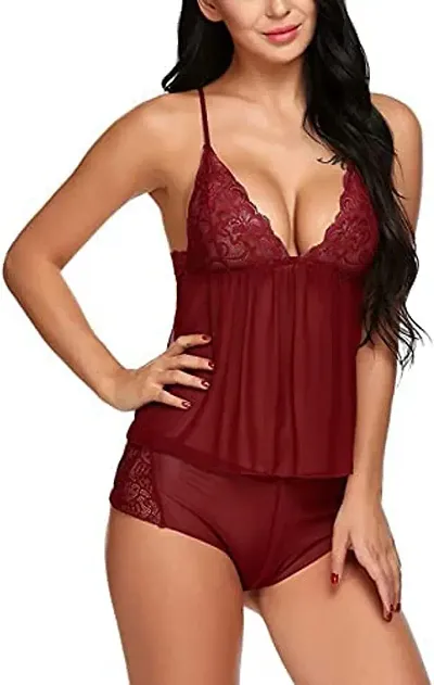 Vastans Women's Net Babydoll Nightwear Dress (Free Size, Maroon)