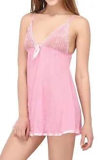 new blue eyes Women's Polyester Above Knee Nighty Dress with G String for Honeymoon (NBE0138, Pink, Free Size)-thumb1