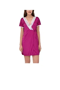 new blue eyes Women's Satin Solid Above Knee Nightdress With Robe (nbe0213_Purple_Free Size)-thumb3