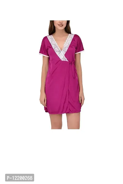 new blue eyes Women's Satin Solid Above Knee Nightdress With Robe (nbe0213_Purple_Free Size)-thumb4