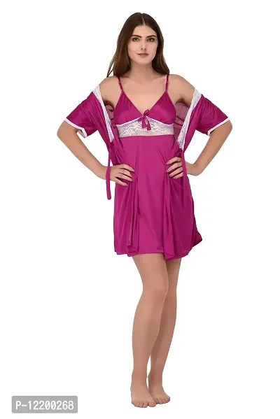 new blue eyes Women's Satin Solid Above Knee Nightdress With Robe (nbe0213_Purple_Free Size)-thumb0