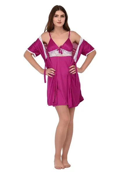 new eyes Women's Satin Solid Above Knee Nightdress With Robe (nbe0213_Purple_Free Size)