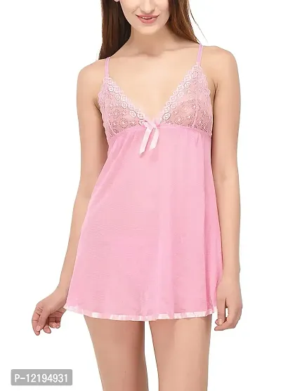 new blue eyes Women's Polyester Above Knee Nighty Dress with G String for Honeymoon (NBE0138, Pink, Free Size)