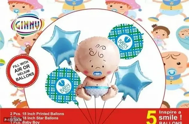 Set Of 5 Pcs Foil Balloons For Baby Boy Welcome / Baby Shower Decoration Balloons / First Birthday Decoration / Kids Birthday Party / Latex Balloons - Printed Round Baby Boy Foil Balloons, Blue Star Foil Balloons, A New Little Prince Welcome Foil Balloon