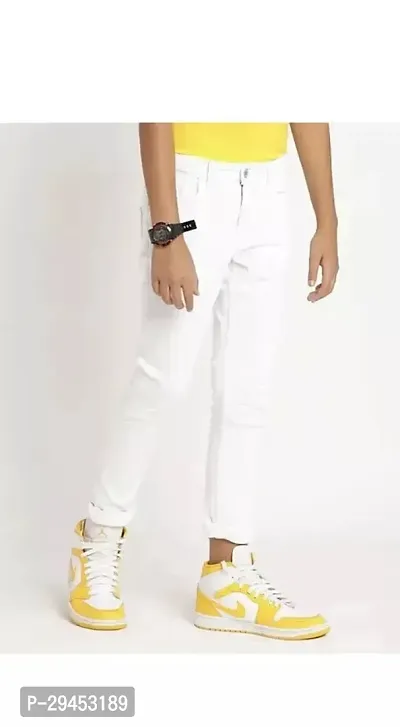 Stylish White Denim Solid Regular Fit Jeans For Boy-thumb0