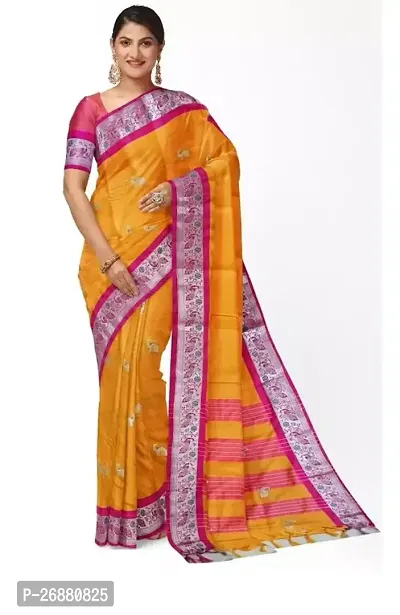 Stylish Yellow Cotton Silk Printed Saree With Blouse Piece For Women