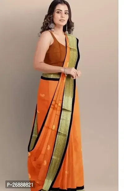 Stylish Orange Cotton Silk Zari Saree With Blouse Piece For Women