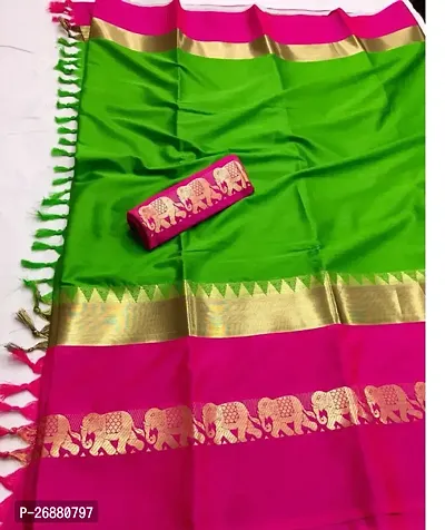 Stylish Green Cotton Silk Zari Saree With Blouse Piece For Women-thumb0