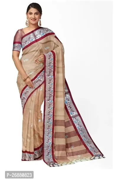 Stylish Cream Cotton Silk Printed Saree With Blouse Piece For Women-thumb0