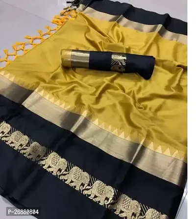 Stylish Yellow Cotton Silk Zari Saree With Blouse Piece For Women-thumb0