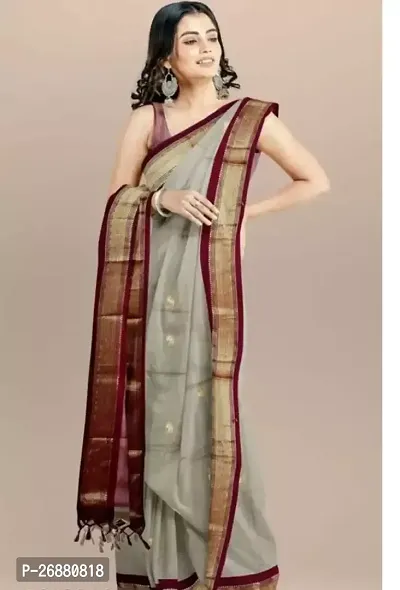 Stylish Grey Cotton Silk Zari Saree With Blouse Piece For Women-thumb0