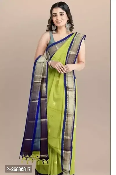 Stylish Green Cotton Silk Zari Saree With Blouse Piece For Women-thumb0