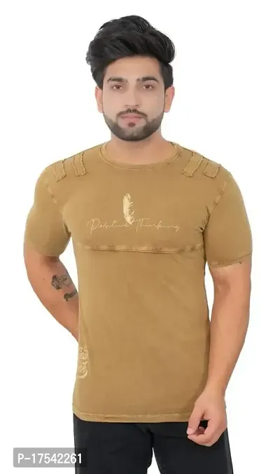 E-MAX Summer Casual Wear Pure Cotton Round Neck T-Shirts for Mens-1415-Camel