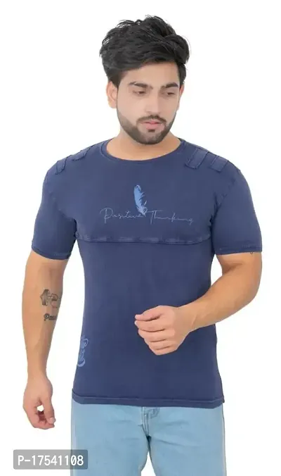 E-MAX Summer Casual Wear Pure Cotton Round Neck T-Shirts for Mens-1415-Denim