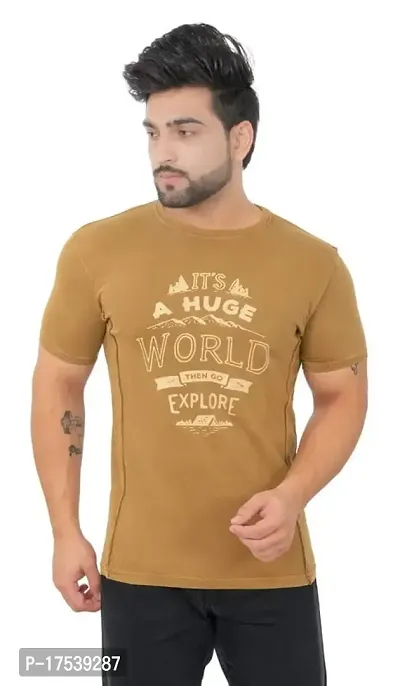 E-MAX Summer Casual Wear Pure Cotton Round Neck T-Shirts for Mens-1416-Camel