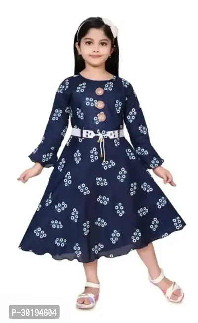 Trendy Navy Blue Cotton Blend Printed Dress For Girls-thumb0