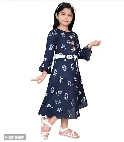 Trendy Navy Blue Cotton Blend Printed Dress For Girls-thumb3