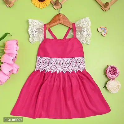 Stylish Pink A-Line Sleeveless Cotton Blend Dress for Girls with Lace Sleeves