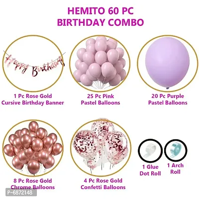 Birthday Decoration Kit 60 pc &ndash; Pink Purple Pastel Balloons Combo with Birthday Banner, Arc, Glue Dot for girls Kids Baby Birthday Decoration Items | Birthday Decoration Combo-thumb2
