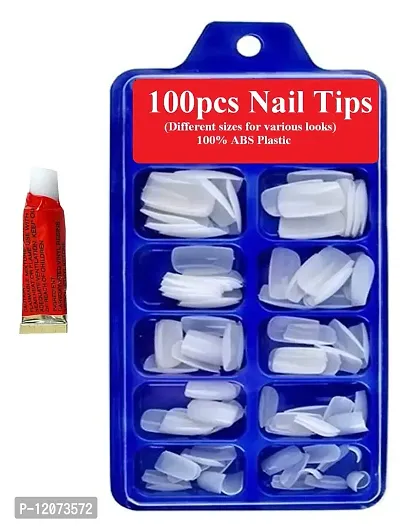 MANODHRUVA 100pcs Artificial Reusable Fake Nails with Glue, Acrylic, Professional and Mix Length-thumb0