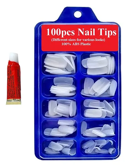 MANODHRUVA 100pcs Artificial Reusable Fake Nails with Glue, Acrylic, Professional and Mix Length